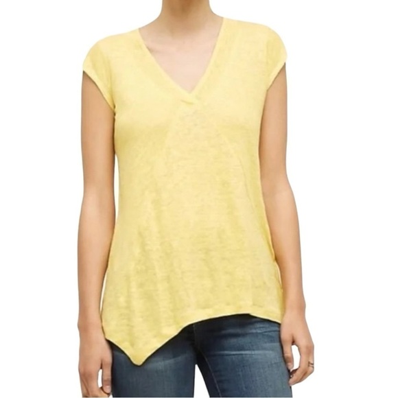 Meadow Rue Anthropology Tops - Meadow Rue Anthropology Yellow V-Neck SS Linen Top Asymmetrical Hems-Size M
